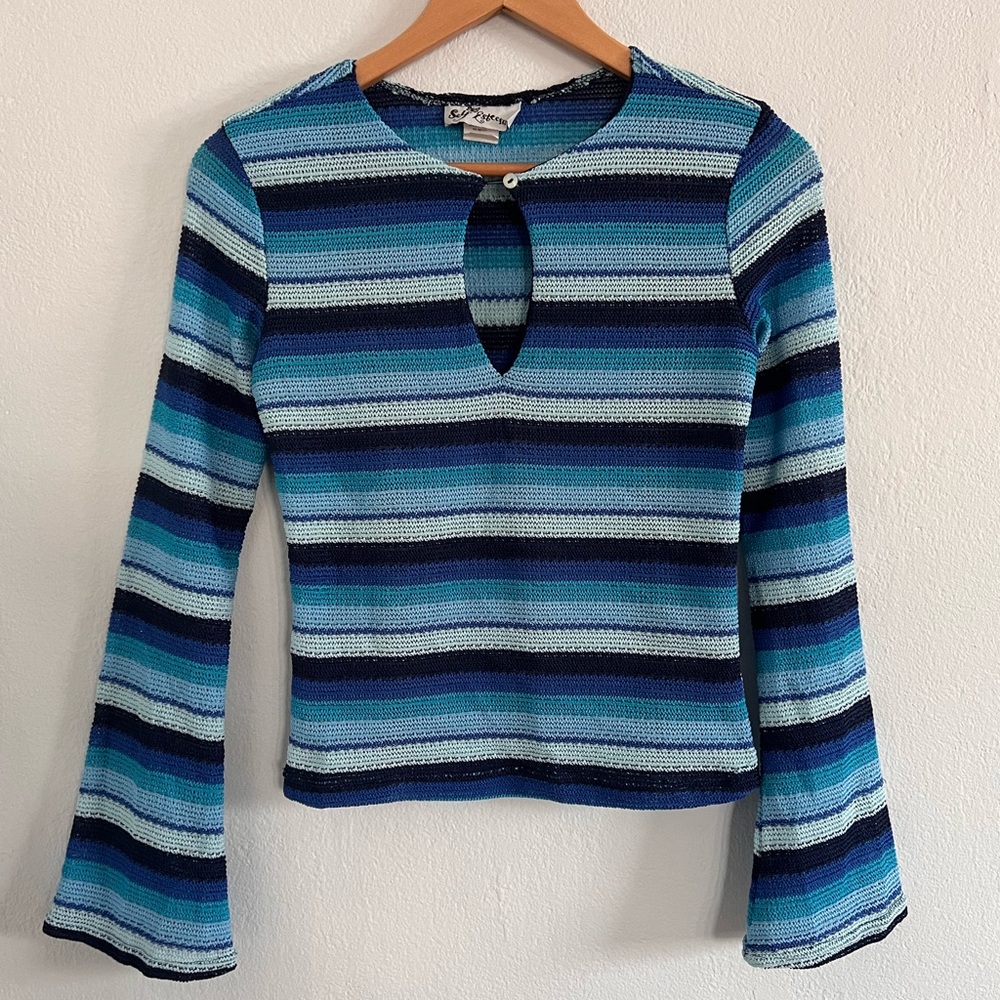 Vintage Self Esteem blue striped knit top with bell sleeves and keyhole, medium
